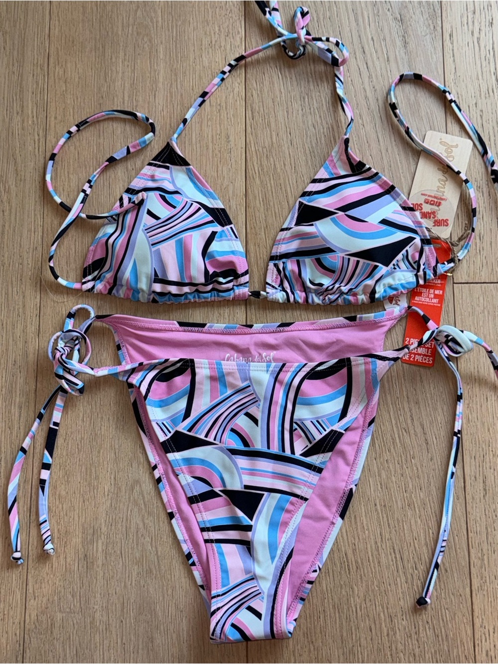 Cabana del Sol Pink Blue Black Retro Geo Triangle Bikini Set String Tie NWT